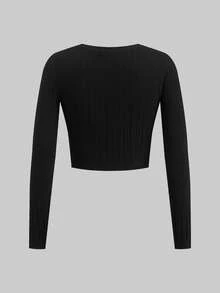 SHEIN EZwear 3 件套休闲简约罗纹纯色图案圆领长袖短款修身女式 T 恤，时尚舒适百搭 - 彩色 - 查看 6