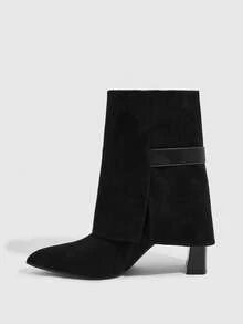 CUCCOO SZL 女士时尚黑色天鹅绒尖头搭扣带街头时尚中筒靴 - 黑色 - 查看 5