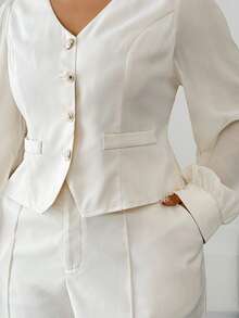 Elenzga 女式加大码纯色 V 领雪纺拼接长袖仿口袋上衣和阔腿裤优雅两件套 - 杏色 - 查看 7