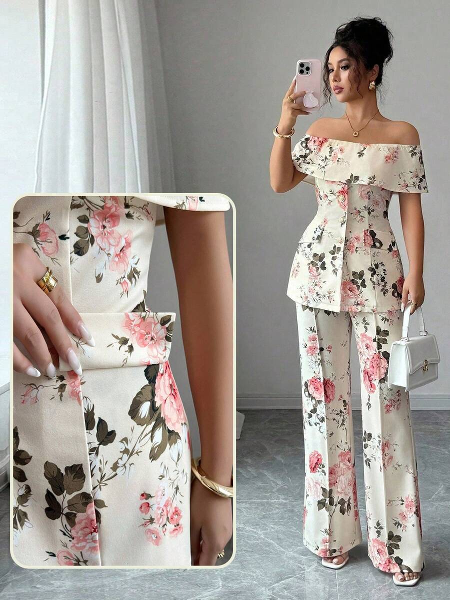 Selianne 女式花卉露肩单排扣夹克和喇叭裤优雅套装