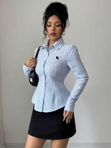 Franclia 女士时尚骑士刺绣棉质条纹长袖衬衫 - 彩色 - 查看 8