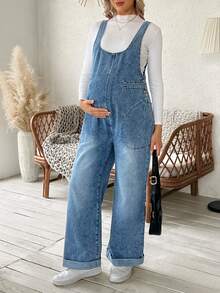 SHEIN Maternity Casual Basic Pocket Denim Bib Pants