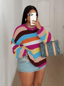 Maweii Plus Size Women Contrast Stripe Hollow Out Round Neck Casual Sweater - Hot Pink - View 1