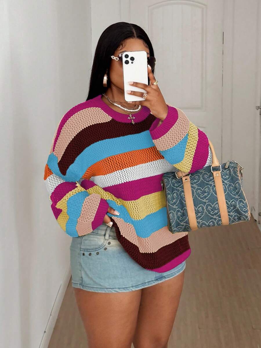 Maweii Plus Size Women Contrast Stripe Hollow Out Round Neck Casual Sweater - Hot Pink - View 1