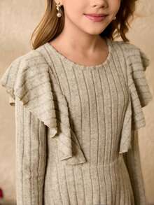 Tween Girl' Round Neck Long Sleeve Ruffle Waist Elegant Halloween Christmas Dress - Grey - View 7
