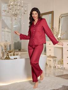 LuxeNights 女士新款纯色休闲翻领荷叶边下摆长袖睡衣套装，秋冬季，秋季服装 - 紅色 - 查看 6