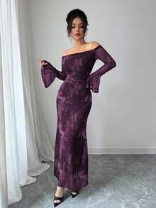 Modelyn 女式露肩喇叭袖扎染时尚网眼印花褶饰鱼尾修身连衣裙 - 紫色 - 查看 5