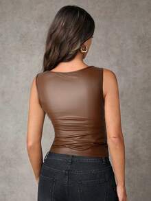 SHEIN BAE Áo ba lỗ ngắn tay xếp ly cổ tròn bằng da PU trơn màu thời trang dành cho nữ - màu nâu - Xem 2