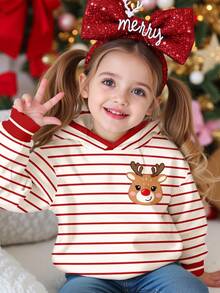 SHEIN Happikins Christmas Burgundy Striped, Cute Christmas Cartoon Reindeer Pattern, Baby Girl Casual Minimalist Thick Warm Soft Sweatshirt, Suitable For Autumn/Winter Daily Wear, New Year, Street Style, Holiday - Multicolor - View 5