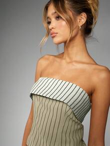 MISSGUIDED Pinstripe Bandeau Crop Top Strapless Fold Over Detail Summer Spring Evening Party Club Festival Wear - White - View 3