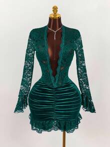 Amplova Christmas Vibe Deep V Waist Cinched Bodycon Mini Dress,Party Dresses For Women - Multicolor - View 3