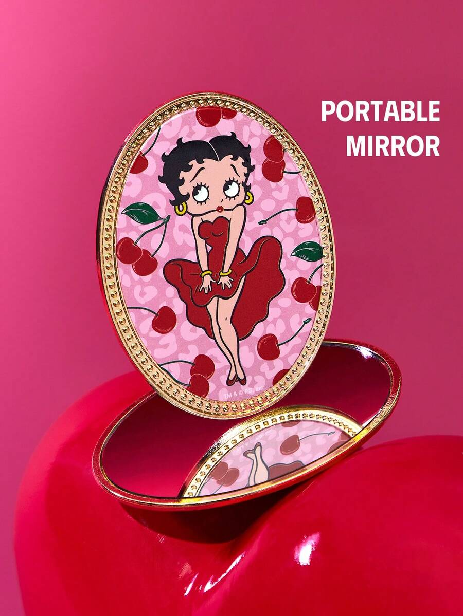 Betty Boop x SHEIN Fashionable And Cute Zinc Alloy Oval Handheld Mirror, Compact Women's Makeup Mirror, Lipstick Mirror, Detail Mirror With Cherry Print, Suitable For Lipstick Application And Makeup Touch-Ups. High Definition Compact Vanity Mirror, Pocket Mirror, Small Mirror, Mini Mirror,Gift Ideas,Party,Holiday,Valentine's Day - Multicolor - View 1