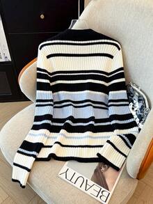 Regalyn كارديجان محبوك بألوان متباينة مخطط للنساء ذوات الحجم الكبير، شتوي