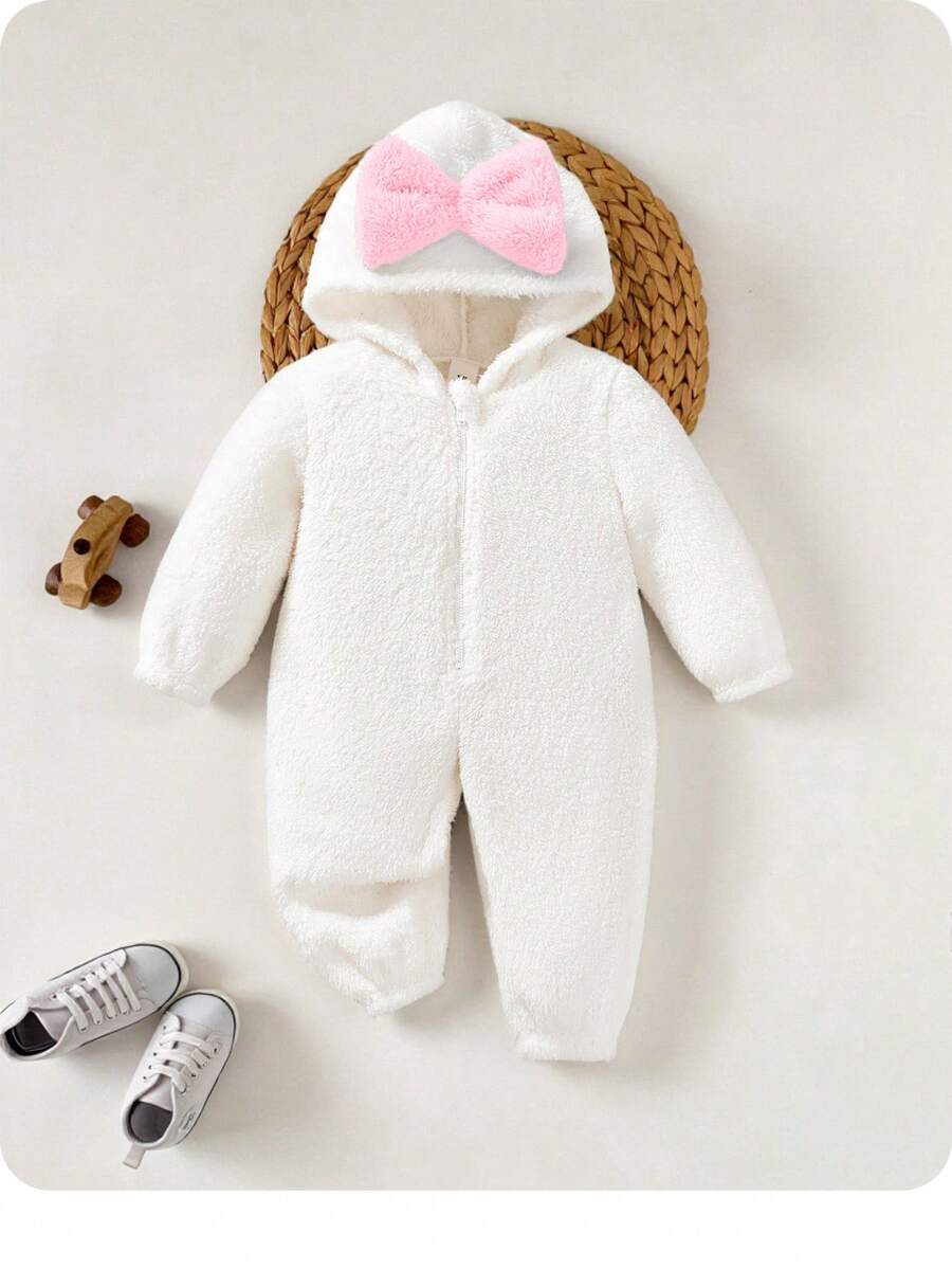 新生女宝宝柔软蓬松连帽连体衣，秋冬季宝宝休闲拉链连体衣，女宝宝冬季连体衣，宝宝抓绒连体衣 - 粉色 - 查看 1