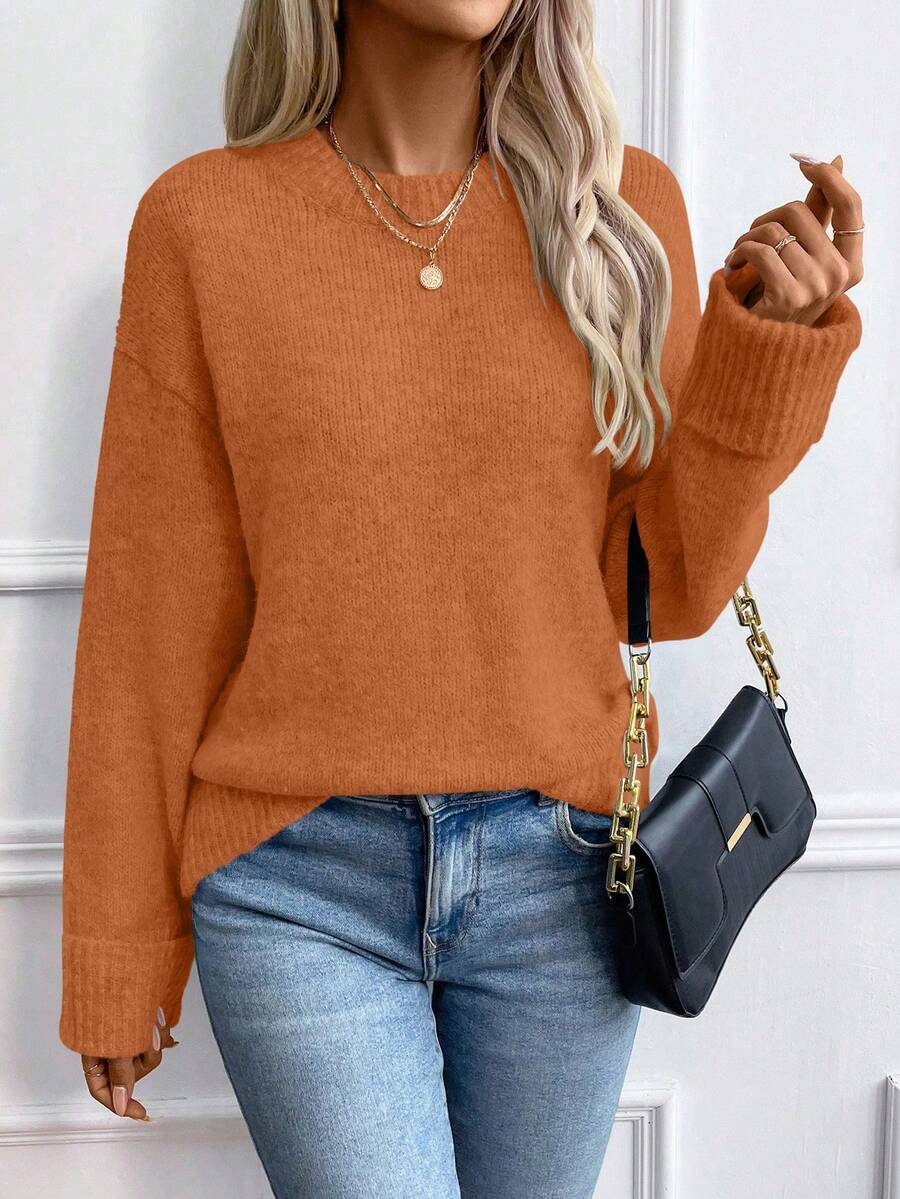 EMERY ROSE Women's Loose Fit Crew Neck Pullover Sweater With Ribbed Cuffs - Burnt Orange - View 1