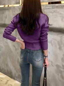 INAWLY 女士休闲纯色开衫，秋冬 - 紫色 - 查看 3