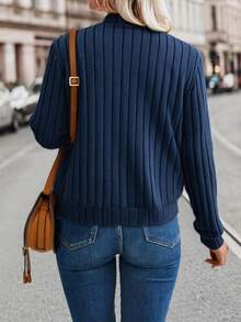 SHEIN 女式罗纹拉绒海军蓝夹克，秋冬畅销款 - 藏蓝色 - 查看 2