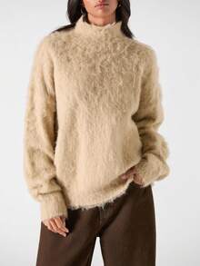 LYSMO 2025 Nova Chegada Minimalismo Inverno Mulheres Cor Sólida Gola Alta Manga Longa Casual Solto Moda Tricô Suéter Top de Pele Gola Alta Suéter de Gola Alta Inverno para Mulheres Olhar de Ano Novo e Natal - Cinza - Visão 3