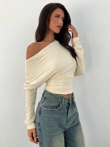 Aloruh 杏色粗针织不对称肩长袖上衣 - 杏色 - 查看 6