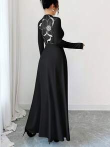 Modelyn Váy chữ A cổ tròn tay dài in hoa bóng dành cho nữ, thắt eo, mùa xuân/thu - Nhiều màu - Xem 2