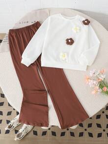 SHEIN Tween-Mädchen Lässiges Oberteil mit Blumenmuster und 3D-Dekor, Rundhalsausschnitt und Hose mit weitem Bein, Herbst-/Winter-Outfit - Khaki - Übersicht 3