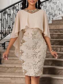 SHEIN Lady Beige,Summer,Elegant,Wedding Sequin Luxury Evening Maxi Dress 2-Piece Set For Women,Plus Size Embroidered Party Solid Color Cape & Christmas Clothes - Khaki - View 3