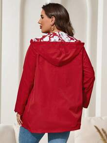 Reflora Plus Size Women Geometric Print Reversible Long Sleeve Casual Hooded Loose Jacket, Suitable For Autumn And Winter Fall - Red - View 3