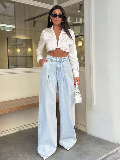 SHEIN Tall Höga vintagejeans i 100 % bomull med hög midja och vida ben