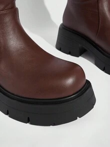 Daringsoles Kozaki na platformie z grubą podeszwą, sięgające do kolan, elastyczne buty, modne buty na grubym obcasie z okrągłym noskiem, uniwersalne buty damskie - Brązowy - Zobacz 7