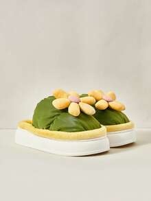 Cuccoo Sunflower Decor Colorblock Plush Slippers, Suitable For Indoor Wear In Autumn And Winter For Christmas And New Year Holiday Vibe Fall And Winter - Green - View 5