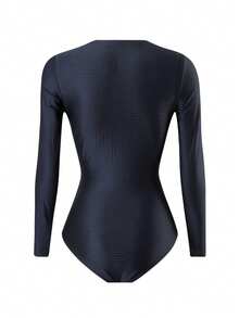 Swim Lushoire Women's Summer Beach Vacation Solid Color Special Texture Fabric Metal Buckle Decor Rash Guard With Crew Neck And Long Sleeves Swimmingwear Woman Swim Suits Women Beachwear One Piece Long Sleeve Bikini Long Sleeve Swimsuit Modest One Piece Swimsuit Long Sleeve Bathing Suit Women Navy Blue Swimsuit Rashguard Swimsuit Women - Navy Blue - View 6