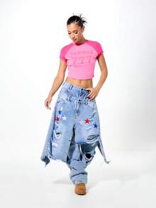 SUMWON WOMEN Raglan Sleeve Crop Tee With Contrast Sleeves And Embossed Logo Detail - Hot Pink - View 5