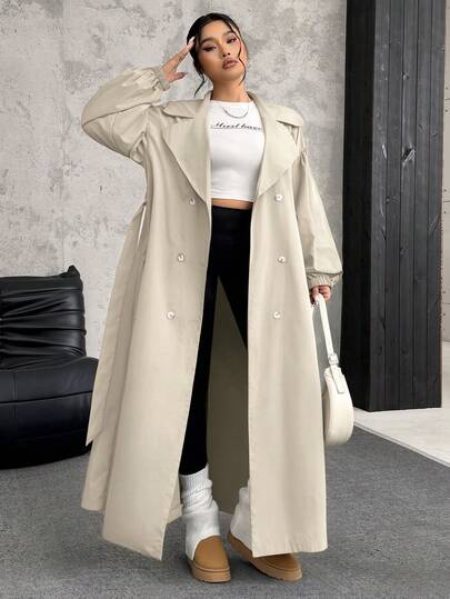 SHEIN EZwear Plus Size Dam Khaki Långärmad Vindjacka med Slag, Höst