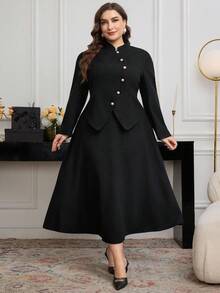 Modelyn Set elegant și chic, stil coreean, cu guler mandarin, mâneci lungi, mâneci bufante, jachetă metalică cu un singur nasture și fustă plisată în linie A, vintage, pentru navetiști - Negru - Vizualizare 3