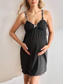 Moonlight&Mama Casual Basic Fashion Bowknot Decor Ruffle Trim Maternity & Nursing Nightgown - Black - View 6