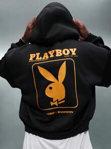 PLAYBOY X SUMWON Magazine Collaboration Oversized Hoodie Cropped Fit Retro Style Pullover With Centre Pocket Large Bunny Logo Vintage Inspired - Black - View 1