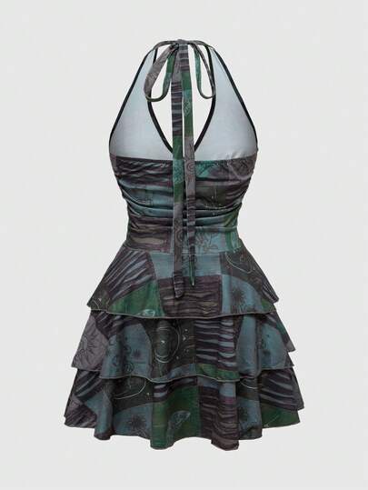 Hippie Grunge Music Festival Style Sexy Bohemian Plant Forest Patchwork Butterfly Sun Moon And Stars Vintage Tight Ruched Women's Bodycon Dress With Halter