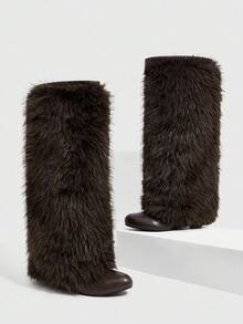 CUCCOO SZL 女士时尚人造毛皮尖头过膝靴 - 咖啡棕 - 查看 3