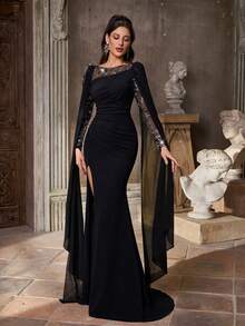 Aureia Elegant Luxurious Floral Patchwork Elastic Knit Chiffon Sheer Sleeve Fishtail Slit Dress,Suitable For Weddings,Events,Parties,Galas,Formal Occasions - Black - View 2