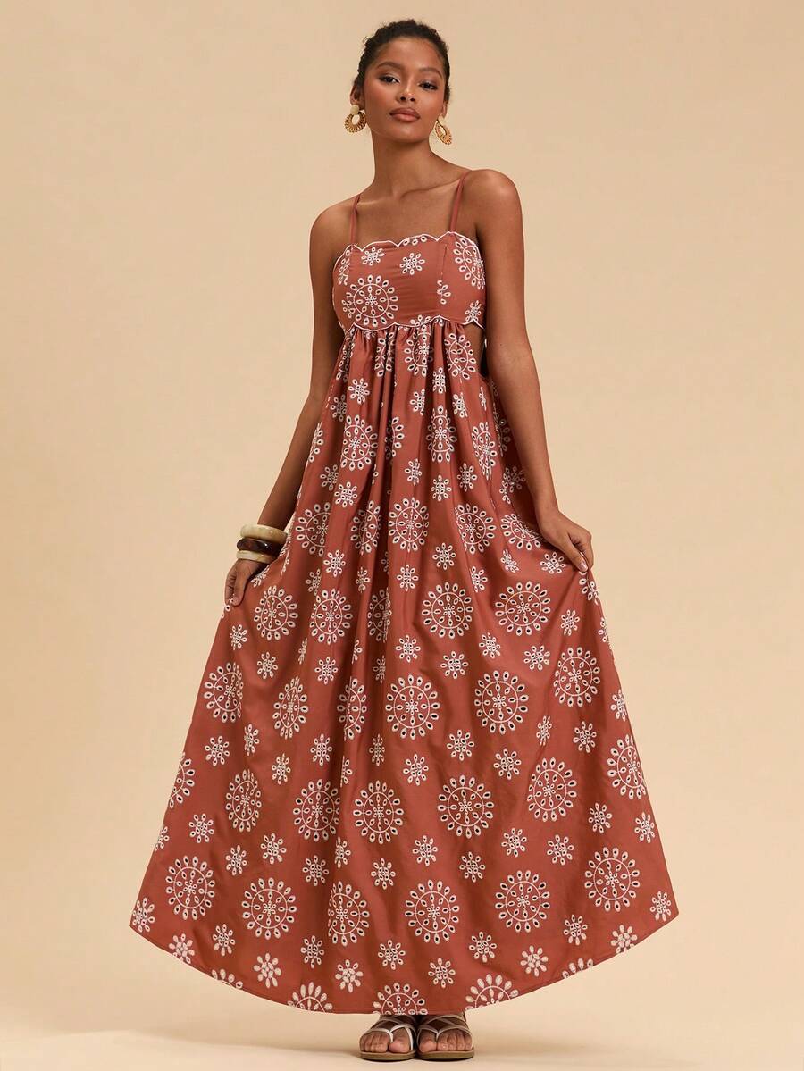 Travachic 女士花卉刺绣度假休闲连衣裙 - 棕色 - 查看 1