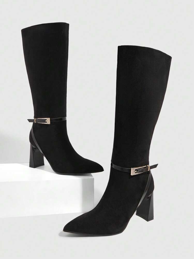 CUCCOO SZL Women's Fashion High Heel Pointed Toe Black Velvet Rhinestone Embellished Knee-High Boots