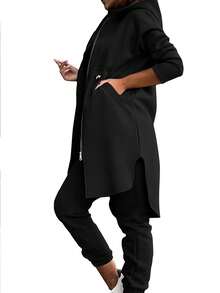 EMERY ROSE Women's Autumn Drop Shoulder Zipper Front Hooded Jacket And Pants Casual Suit - Black - View 3