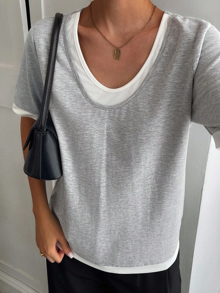 Women's Summer Grey Short Sleeve Casual Regular Shoulder Loose Fit T-Shirt