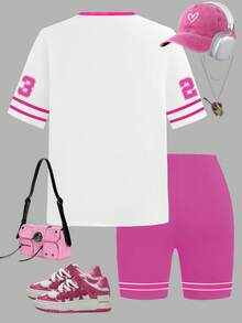 SHEIN Sparklyn Bộ đồ thể thao tay ngắn cổ tròn in họa tiết màu trắng cỡ lớn cho bé gái tuổi mới lớn kèm quần short bó sát, màu hồng, trang phục dạo phố mùa hè - trắng - Xem 2