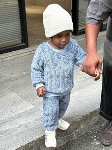 SHEIN 4 件套男婴/女婴罗纹针织羊毛圆领上衣和配套裤子套装，宽松版型，柔软保暖，百搭韩版风格，婴幼儿秋冬装，男女通用，3 个月 - 3 岁 - 彩色 - 查看 3