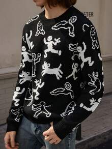 Manfinity Roghcode 男士休闲时尚街头全印花套头衫，秋冬 - 黑色 - 查看 3