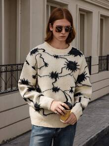 Manfinity CasualKnits 男士休闲日常通勤宽松套头毛衣，全身图案，秋冬 - 卡其色 - 查看 3