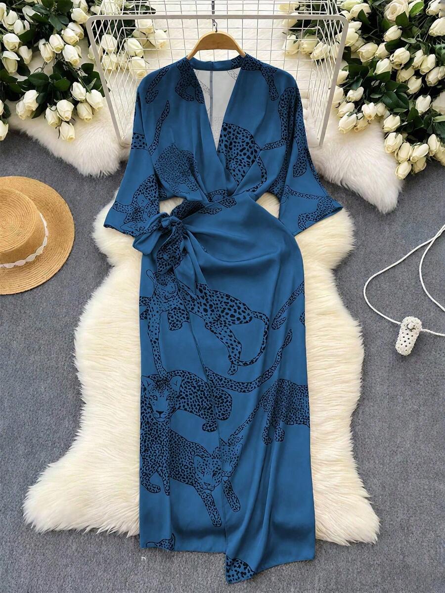 Lyxana 女士优雅 V 领交叉领结豹纹动物印花长袖中长连衣裙,通勤、度假和四季皆宜 - 彩色 - 查看 1
