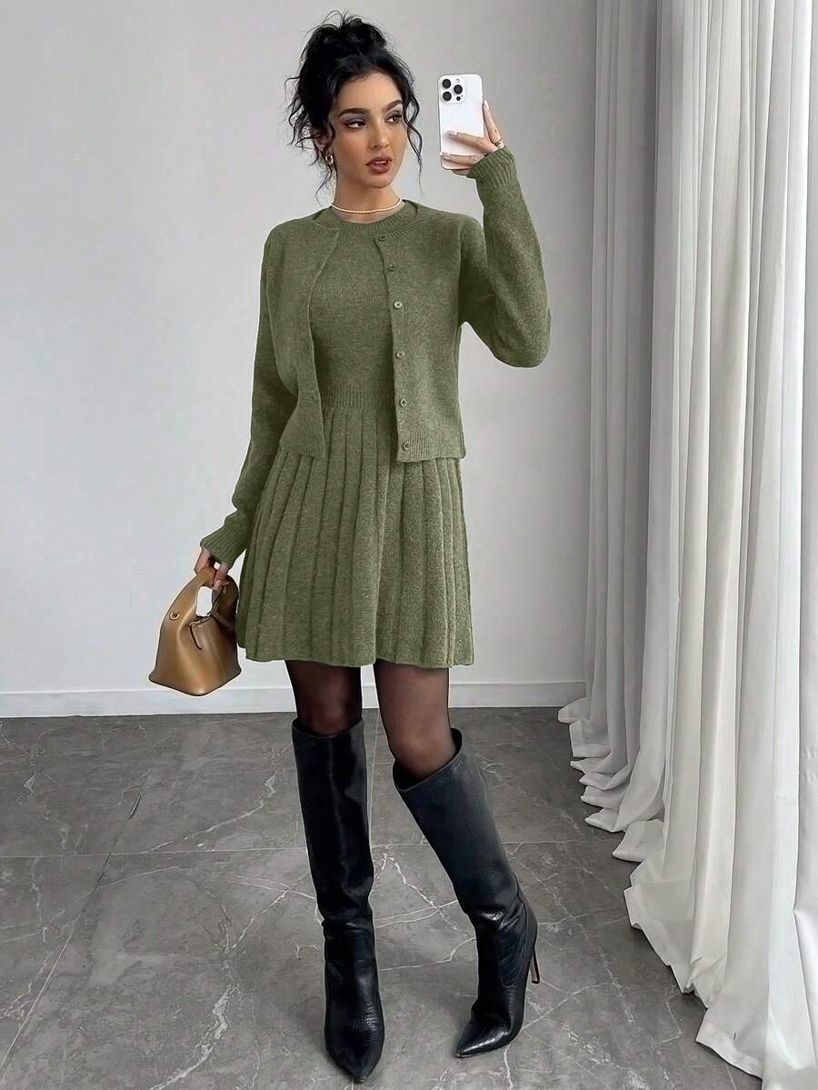 Elenzga Conjunto de 2 piezas de mujer con cárdigan de botones de unicolor elegante y vestido de suéter para otoño/invierno - Verde - Ver 1