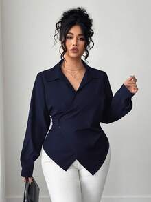 Elenzga 大码女式纯色不对称下摆裹身优雅长袖衬衫 - 藏蓝色 - 查看 1